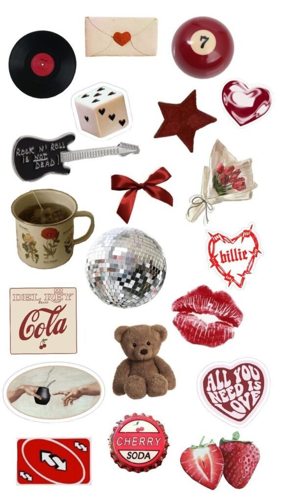 Collage of love-themed items: heart envelope, guitar, dice, disco ball, teddy bear, red lips, flowers, and strawberries.