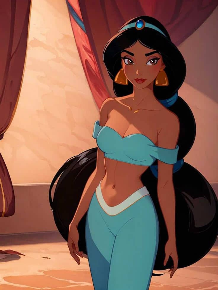 Animated character in a teal outfit with long hair, standing indoors, sunlight filtering through curtains.
