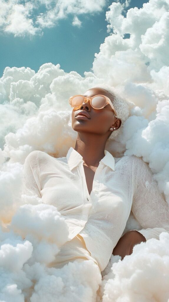 Woman in white with sunglasses, relaxed on fluffy clouds, clear sky background. Dreamy and serene scene.