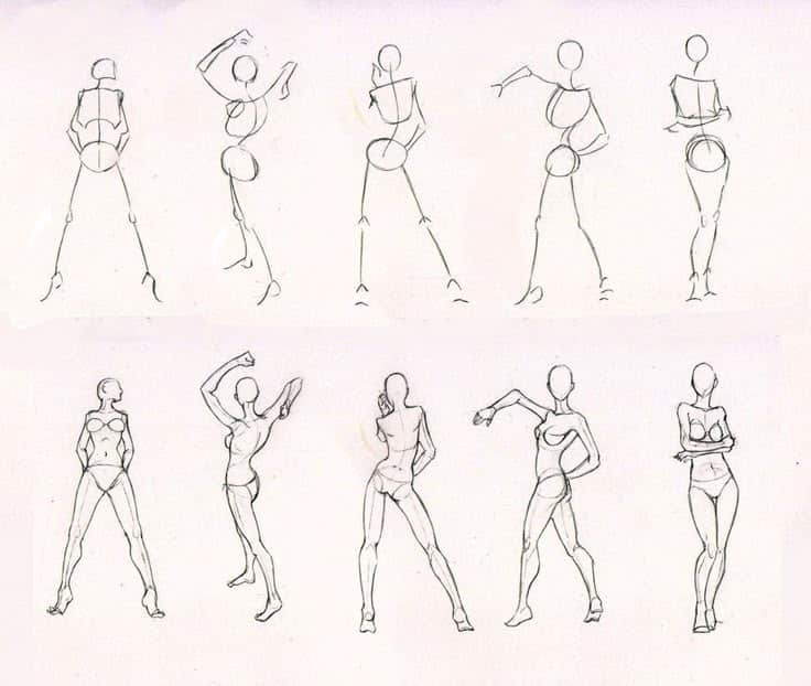 Sketches of female figure drawing showing progression from basic shapes to detailed anatomy poses. reference poses