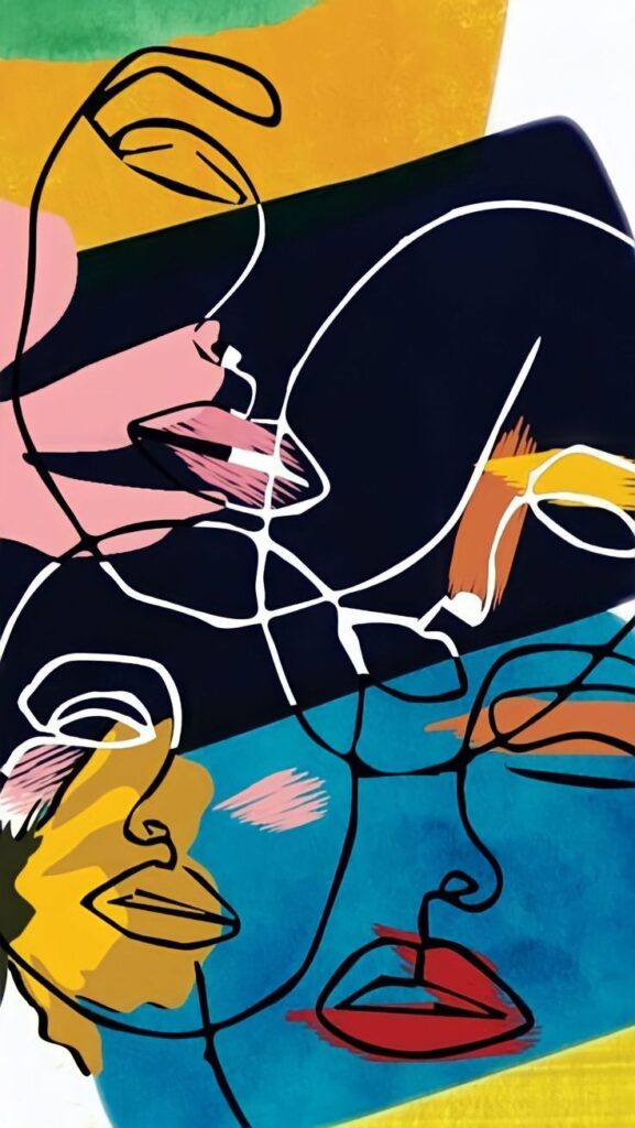 Abstract portrait art with colorful geometric shapes and bold linework on a vibrant background.