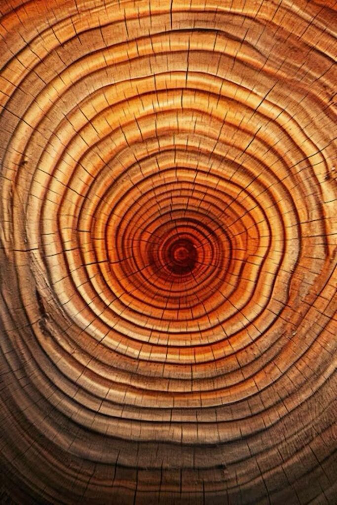 Close-up of tree rings on aged wood, showing detailed concentric growth patterns in warm tones.