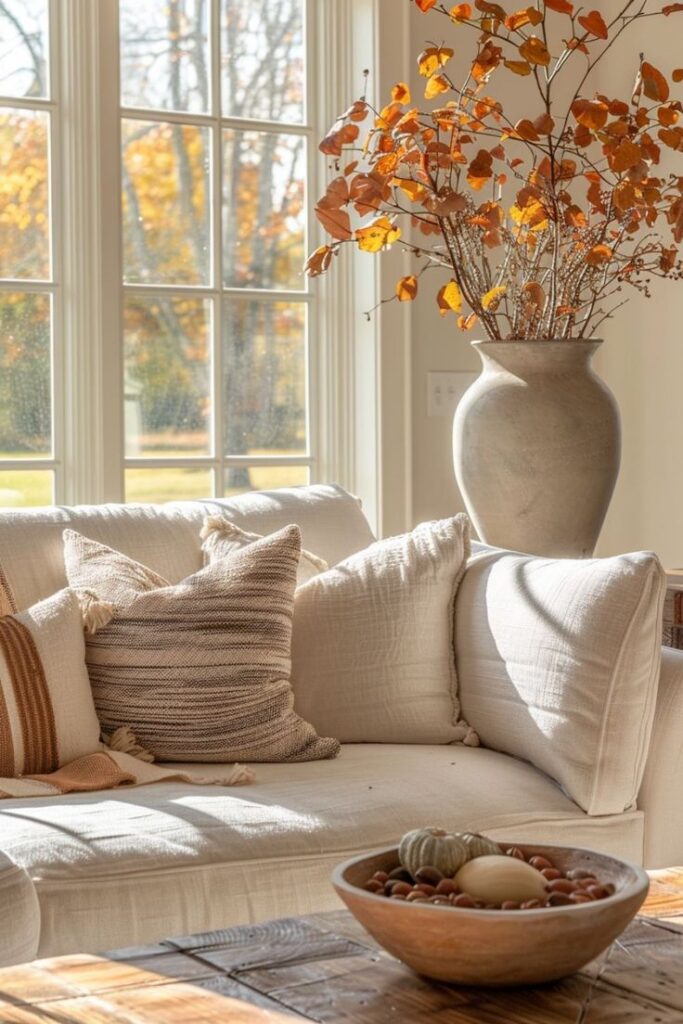 40 Fall Living Room Decor Ideas 🍁 Cozy autumn living room with soft pillows, decorative vase with fall foliage, and a wooden bowl on a sunny day. | Sky Rye Design Cozy autumn living room with soft pillows, decorative vase with fall foliage, and a wooden bowl on a sunny day.