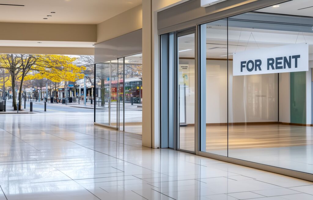4054660-G2-1 Empty retail space for rent in a shopping mall with glass windows and street view. | Sky Rye Design Empty retail space for rent in a shopping mall with glass windows and street view.