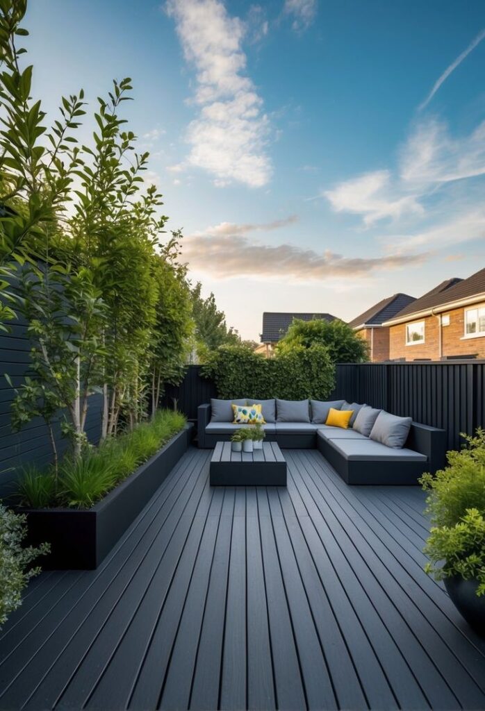 Modern garden patio with black decking, grey seating, colorful cushions, and lush greenery under a clear blue sky.