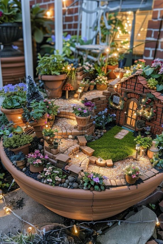 Miniature fairy garden with lights, colorful plants, and tiny house, creating a whimsical and enchanting scene.