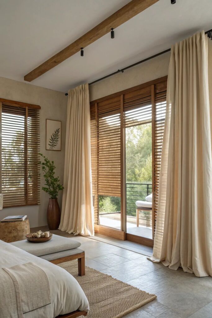 Cozy bedroom with natural decor, wooden blinds, cream curtains, and greenery by a large window overlooking a balcony.