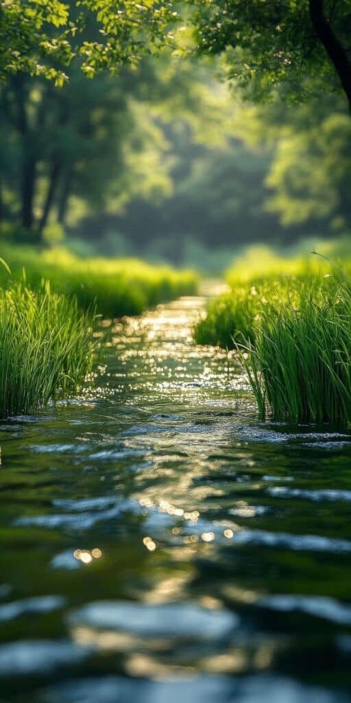 Serene forest stream with glistening water, lush green grass, and trees in soft sunlight.