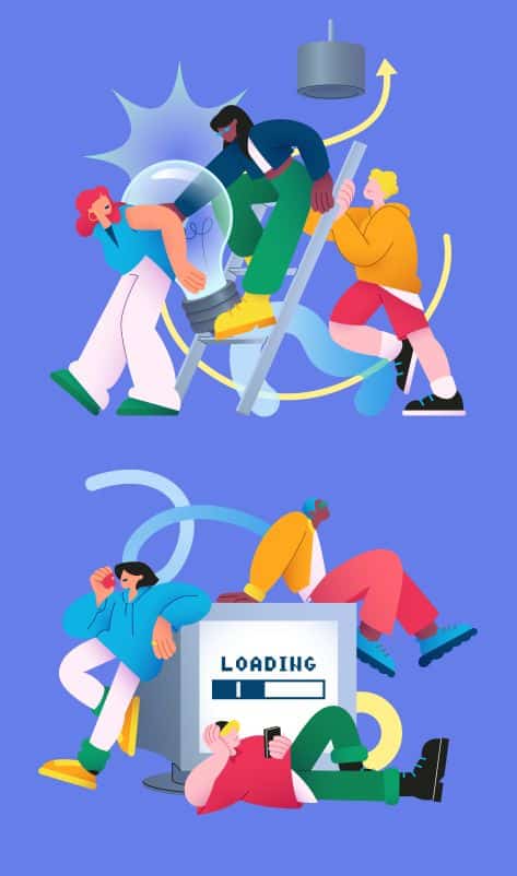 Illustration of diverse people engaging in teamwork, innovative ideas, and a loading screen concept on a blue background.