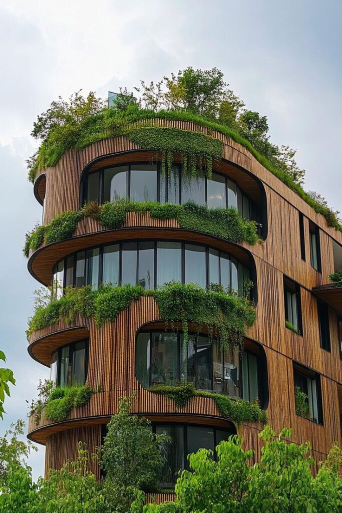 Innovative building with green terraces and sustainable architecture design, featuring lush plants and wooden facade.