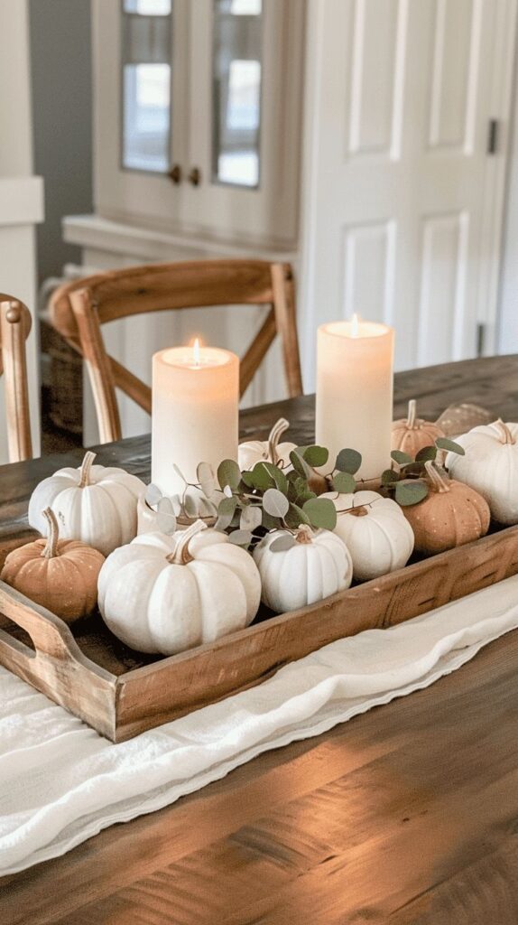 Rustic fall centerpiece with candles, white pumpkins, and greenery on a wooden tray, perfect for cozy home decor.