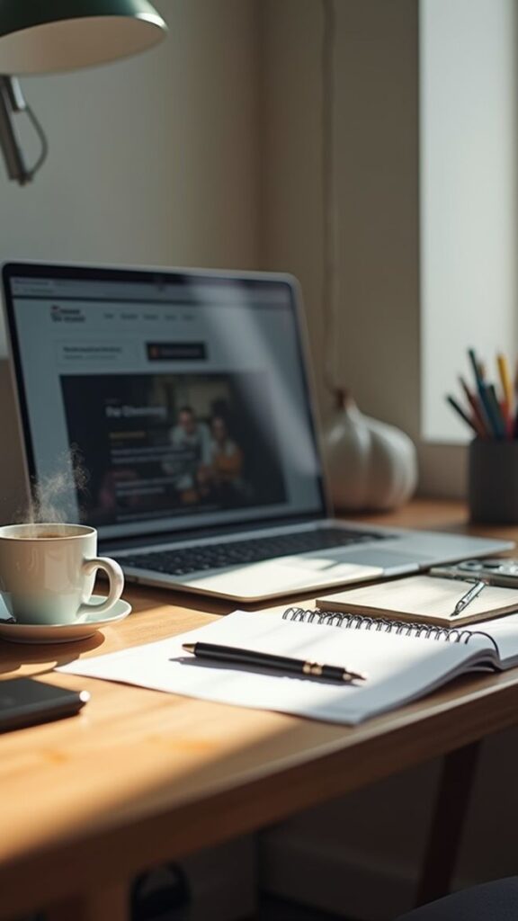 Cozy home office setup with a laptop, coffee, and notebook on a sunlit wooden desk.