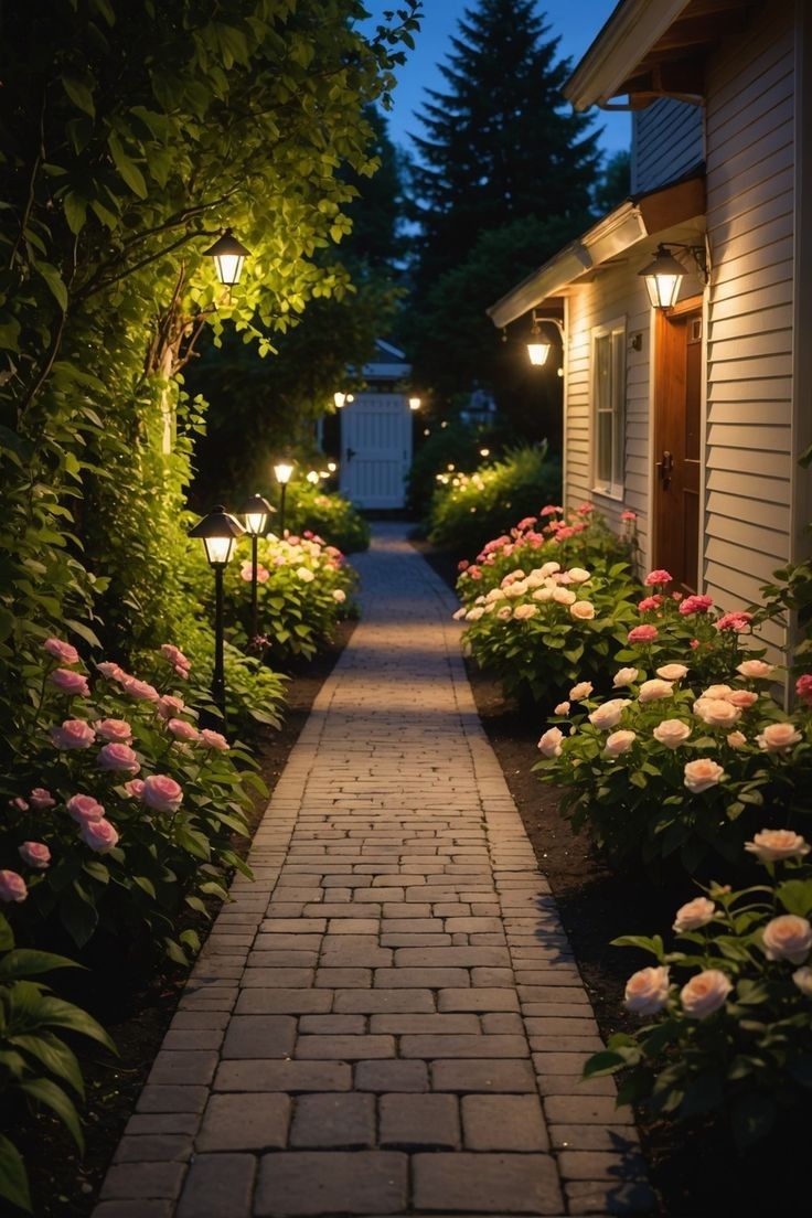 Charming garden path with pink roses and vintage lamps illuminating a cozy evening walkway.
