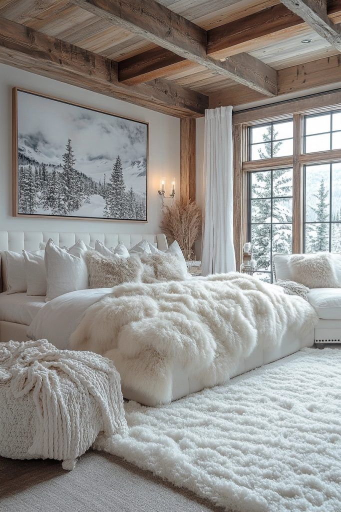 Cozy rustic bedroom with wooden beams, plush bedding, fur accents, and large window view of snowy landscape.