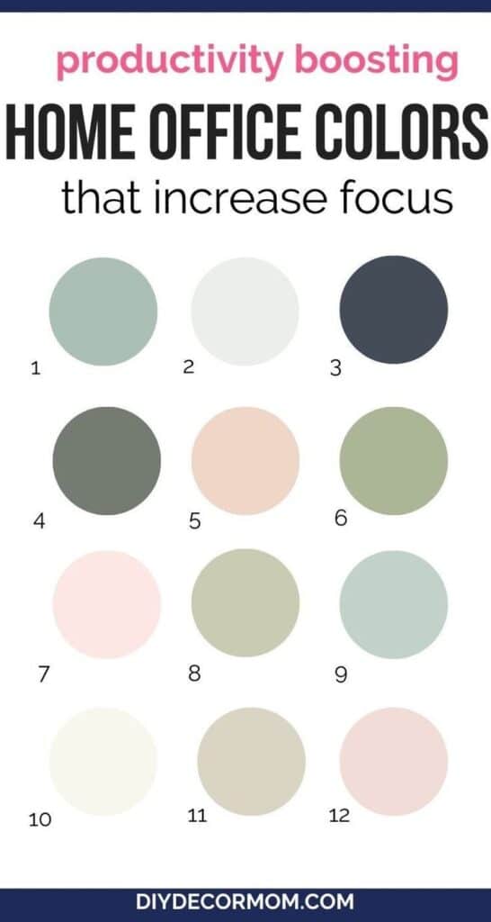 Home office color palette for productivity. Twelve soothing shades to boost focus and efficiency in workspaces.