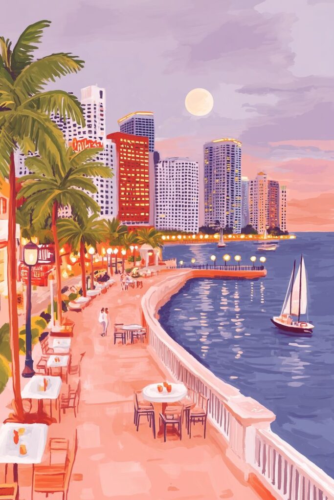 Illustrated coastal cityscape at sunset with palm trees, skyscrapers, and a sailboat on calm waters.
