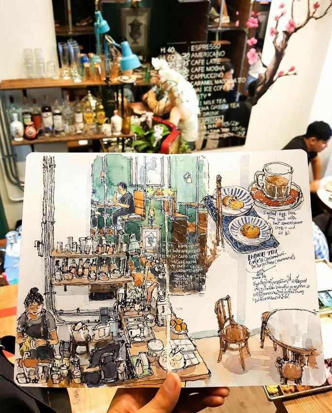 Colorful sketch of a bustling café scene, featuring a barista, a menu board, and tables with coffee and pastries.
