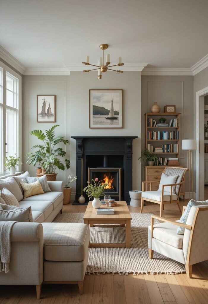 Cozy living room with fireplace, modern decor, lush plants, and elegant furniture, creating a warm and inviting atmosphere.