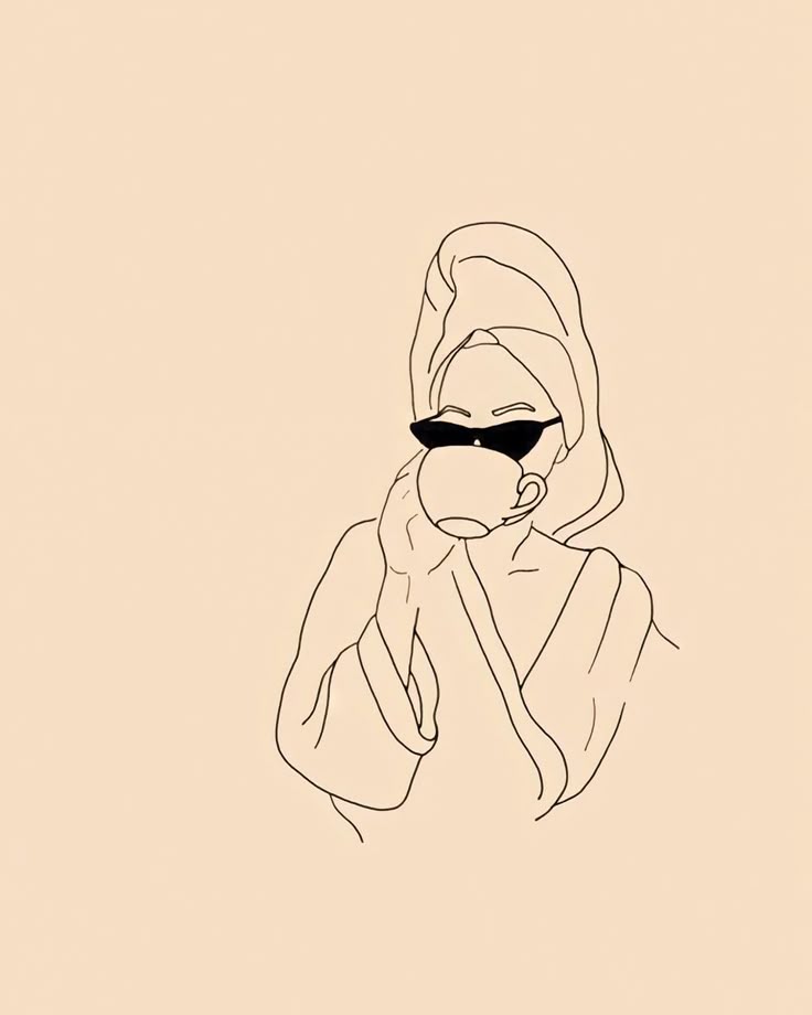 Line art of a person wearing sunglasses and a towel, sipping coffee, in a relaxed pose on a beige background.