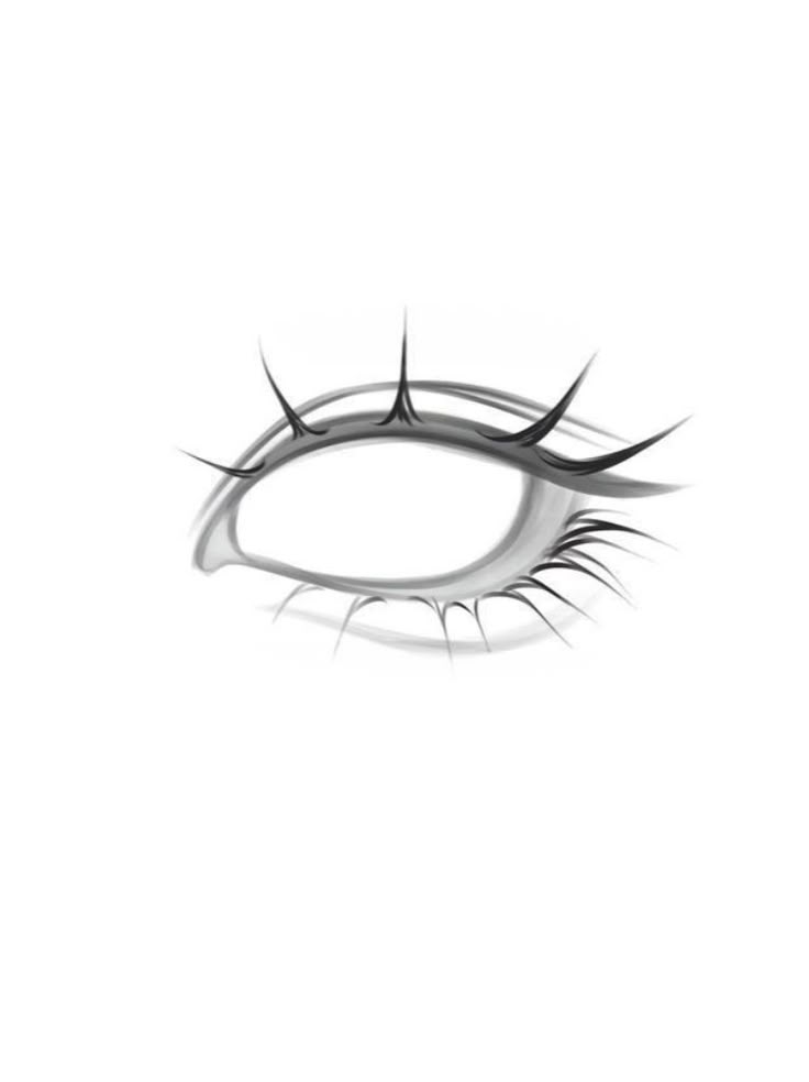 Illustrated eye with long, dramatic eyelashes on a blank background, showcasing bold makeup style.