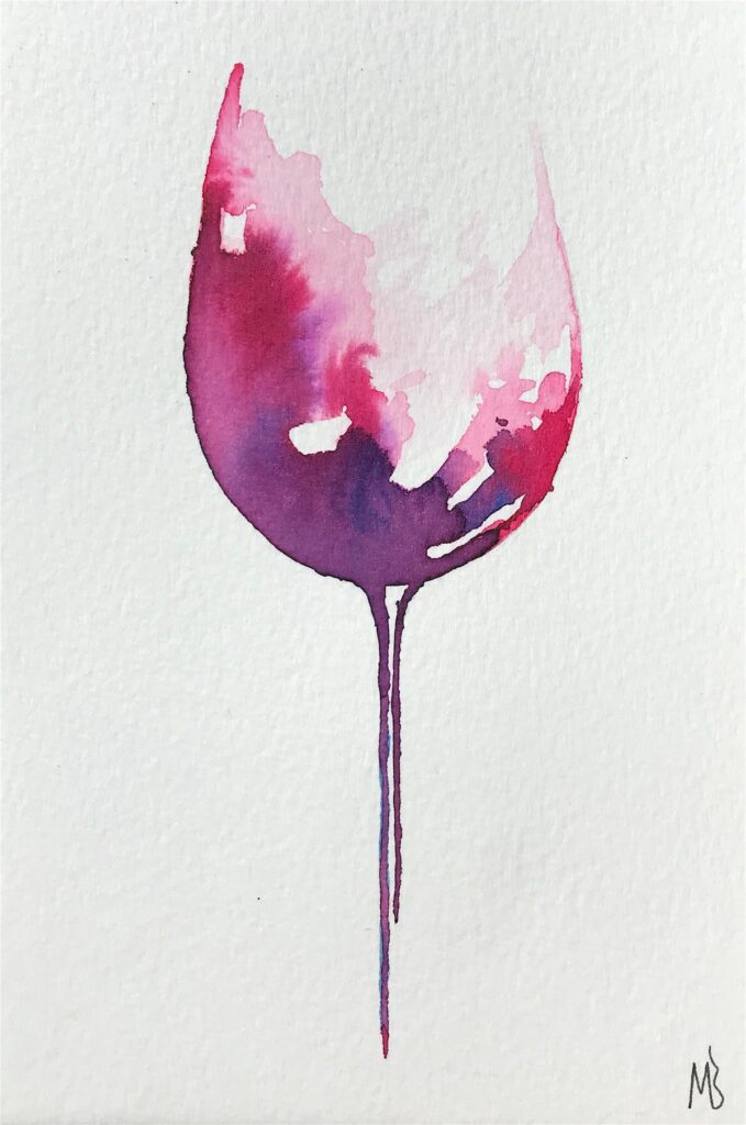 Watercolor painting of a wine glass in pink and purple hues, blending with a white background.