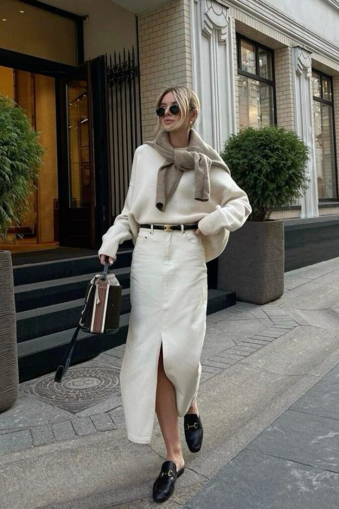 Stylish woman in a cream outfit with sunglasses, brown scarf, and black loafers walking on a city sidewalk.