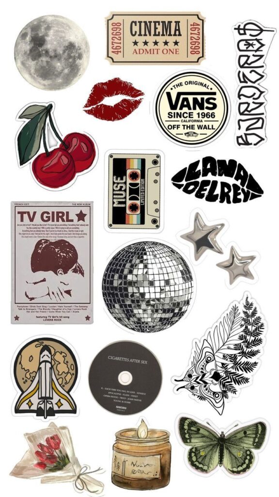 Collage of retro stickers: moon, cinema ticket, cherry, cassette, discoball, butterfly, and decorative elements.