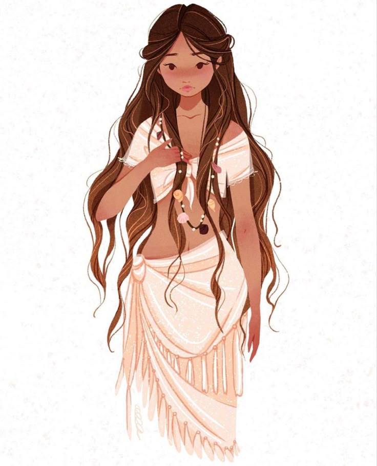 Illustration of a young woman in a flowing outfit with long hair and beads, conveying a serene, bohemian vibe.
