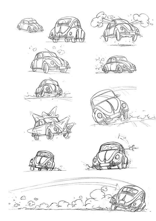 4b1bcfe0e00f4859dc19740a19135941 Playful sketches of a vintage car racing, skidding, and transforming in various expressive poses. | Sky Rye Design Playful sketches of a vintage car racing, skidding, and transforming in various expressive poses.