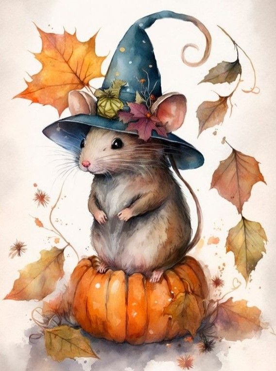 Cute mouse in a witch hat, sitting on a pumpkin with autumn leaves, perfect for Halloween and fall themes.