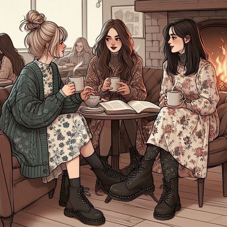 Three women in cozy knitwear enjoy coffee and conversation by a fireplace, creating a warm, inviting atmosphere.