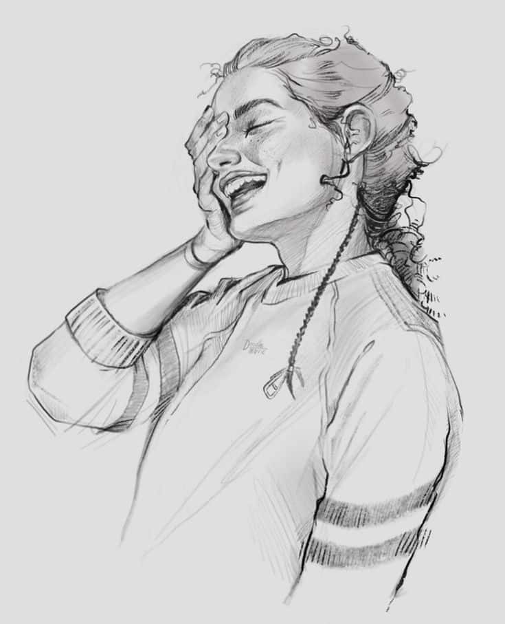Pencil sketch of a woman laughing with her hand covering her face, wearing a striped sleeve shirt.