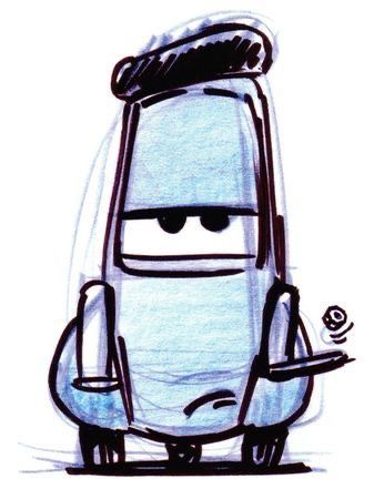 Cartoon sketch of a blue car with a serious expression, holding a cigarette in its front wheel.