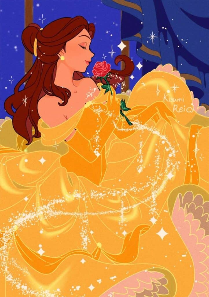 Elegant woman in a yellow gown holding a rose, surrounded by sparkling magic.