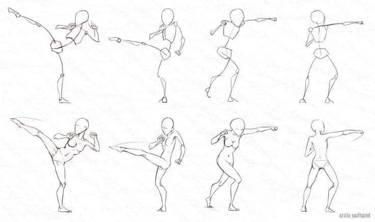 Sketch sequence illustrating martial arts moves, showing figure transitions from kicking to punching in dynamic poses.