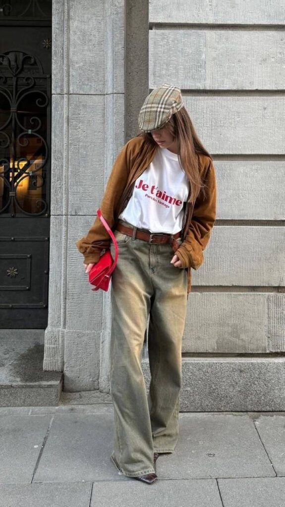 Fashionable woman in vintage outfit with cap, white graphic tee, brown jacket, wide-leg jeans, and red bag.