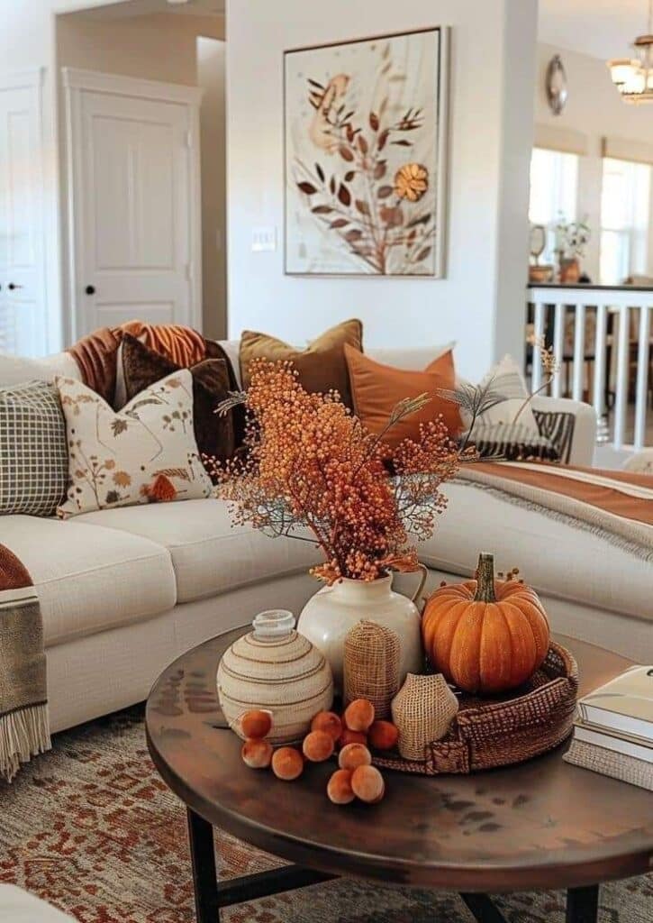 Cozy fall-themed living room with pumpkin decor, vases, and autumn pillows on a white sofa.