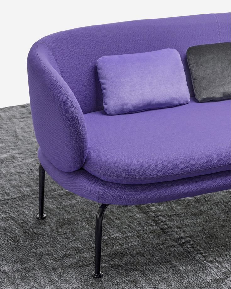 Modern purple sofa with cozy cushions on a textured gray carpet for stylish interiors.
