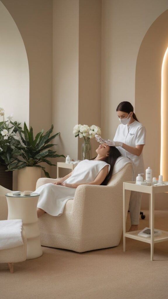 Spa treatment setting with a woman receiving a facial in a serene, modern room with plants and elegant decor.