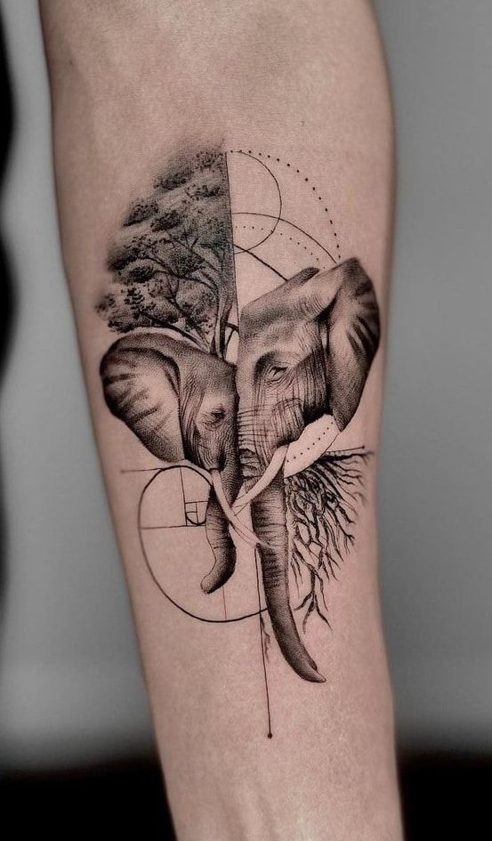 Geometric elephant tattoo blending wildlife and nature on forearm, featuring tree and roots design elements.