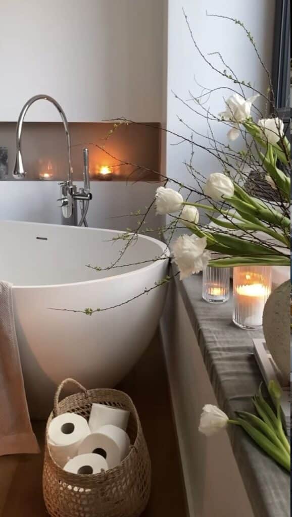 Luxurious bathroom with candles, white flowers, and freestanding tub for a relaxing spa-like atmosphere.