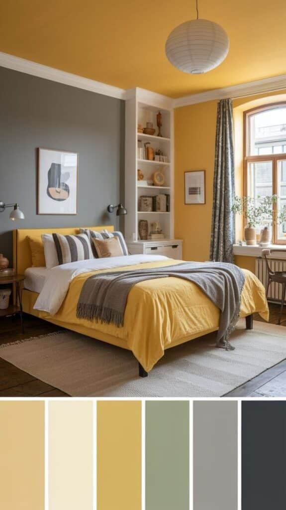 Modern bedroom with yellow and gray accents, cozy bedding, large window, and stylish decor elements.