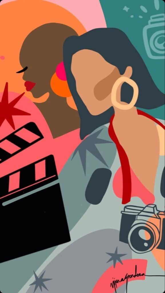 Abstract illustration of two diverse women with camera, film clapperboard, and vibrant colors in a creative setting.