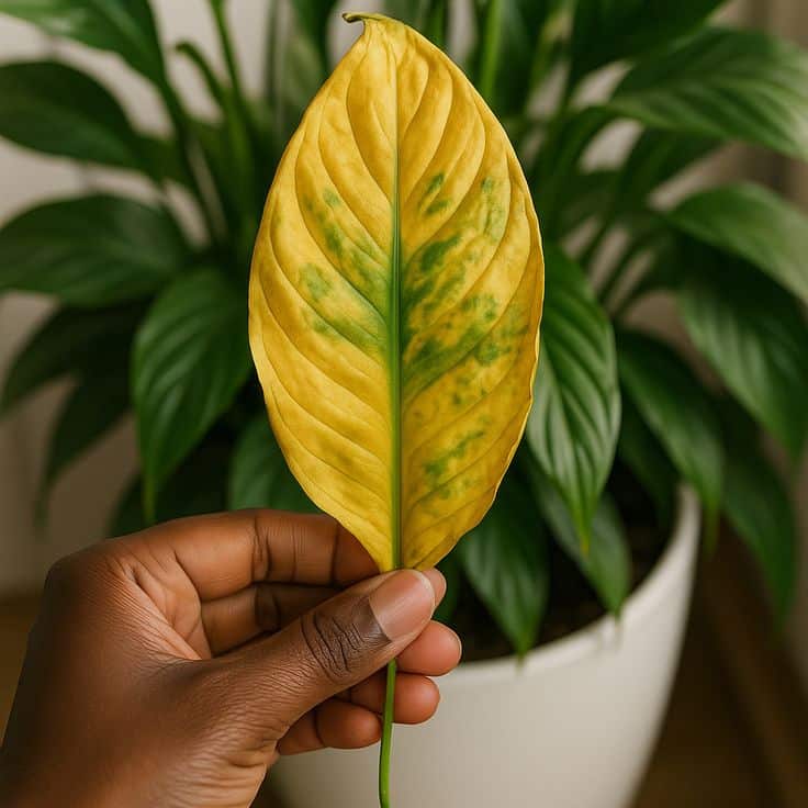Yellowing leaf held in hand, indicating possible plant health issues, with vibrant green plant in the background.
