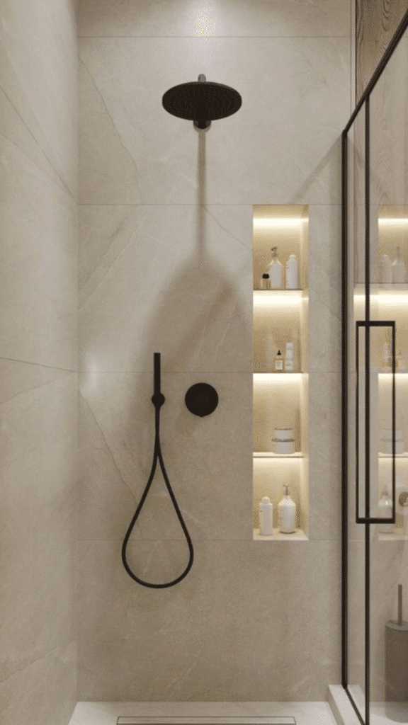 Modern shower with black fixtures, beige tiles, built-in shelves, and glass door for sleek bathroom design.