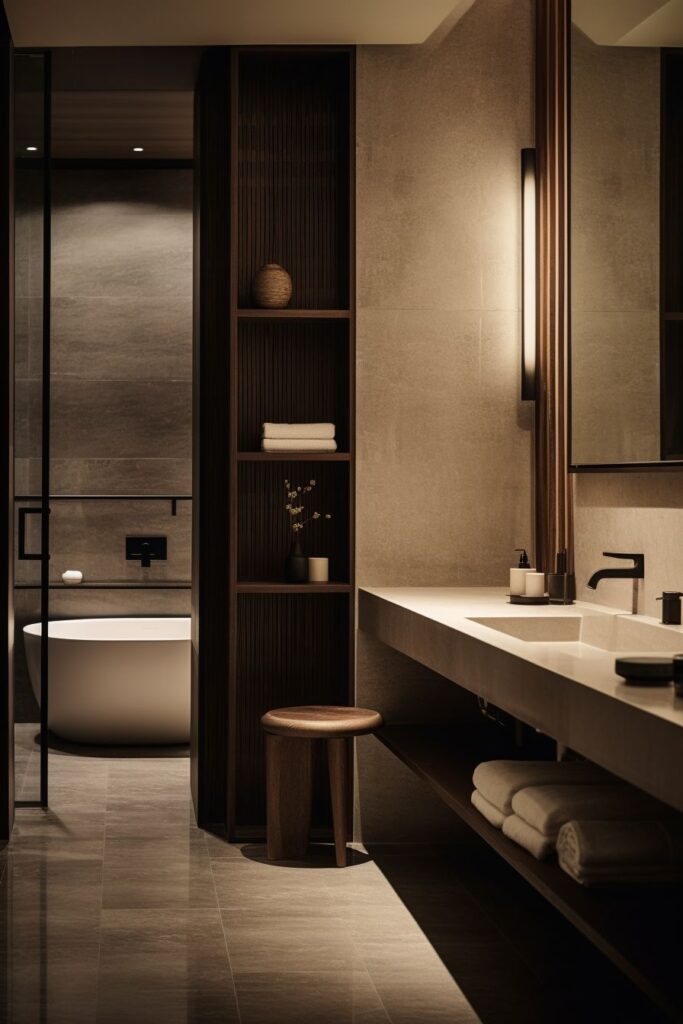 Modern minimalist bathroom with elegant lighting, freestanding tub, and floating vanity for a luxurious spa-like feel.