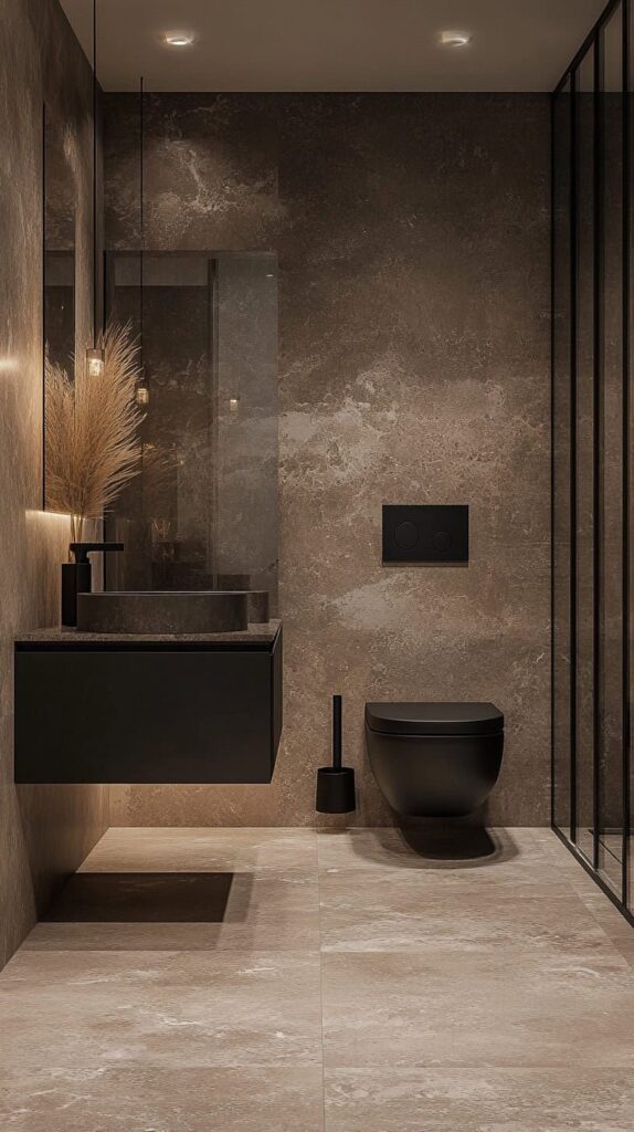 Modern bathroom with dark stone walls, floating vanity, black toilet, and ambient lighting. Elegant and minimalist design.