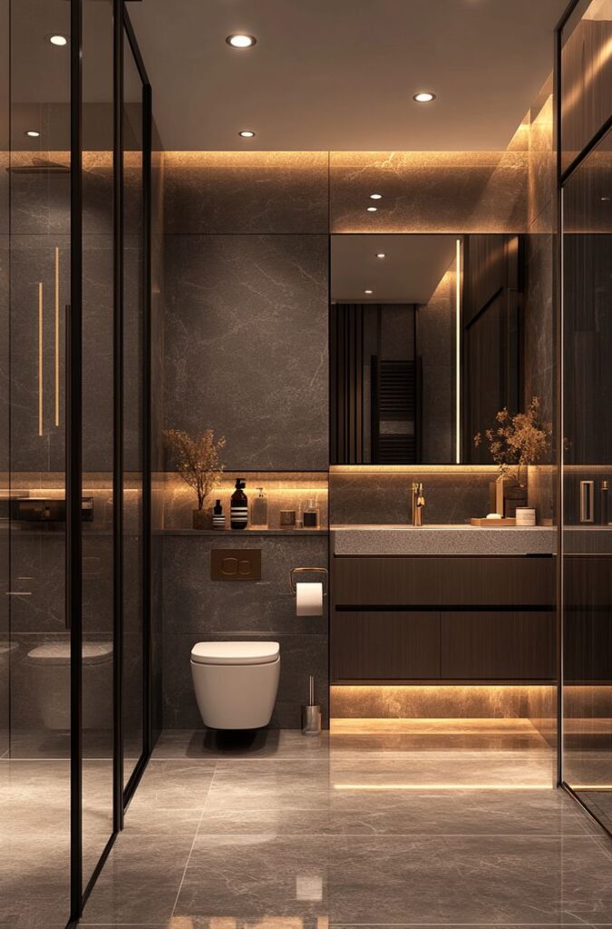 Luxurious modern bathroom with sleek gray tiles, ambient lighting, and elegant fixtures.