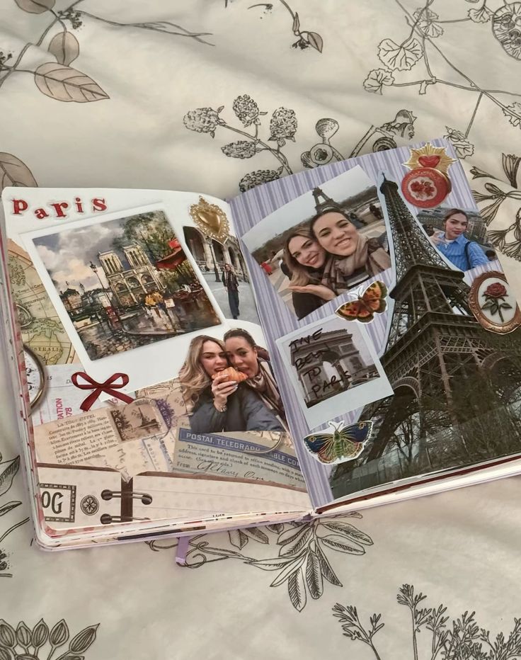 Scrapbook page featuring Paris photos with friends, Eiffel Tower, collaged memories, and decorative elements.