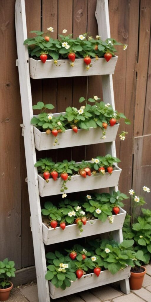 Vertical garden ladder with blooming strawberries in white planter boxes against a wooden fence.